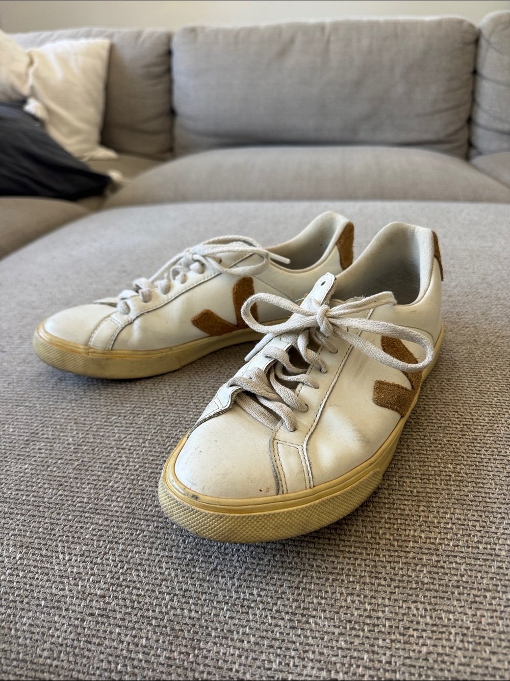 Veja Leather Low-Top Sneakers in Cream and Tan